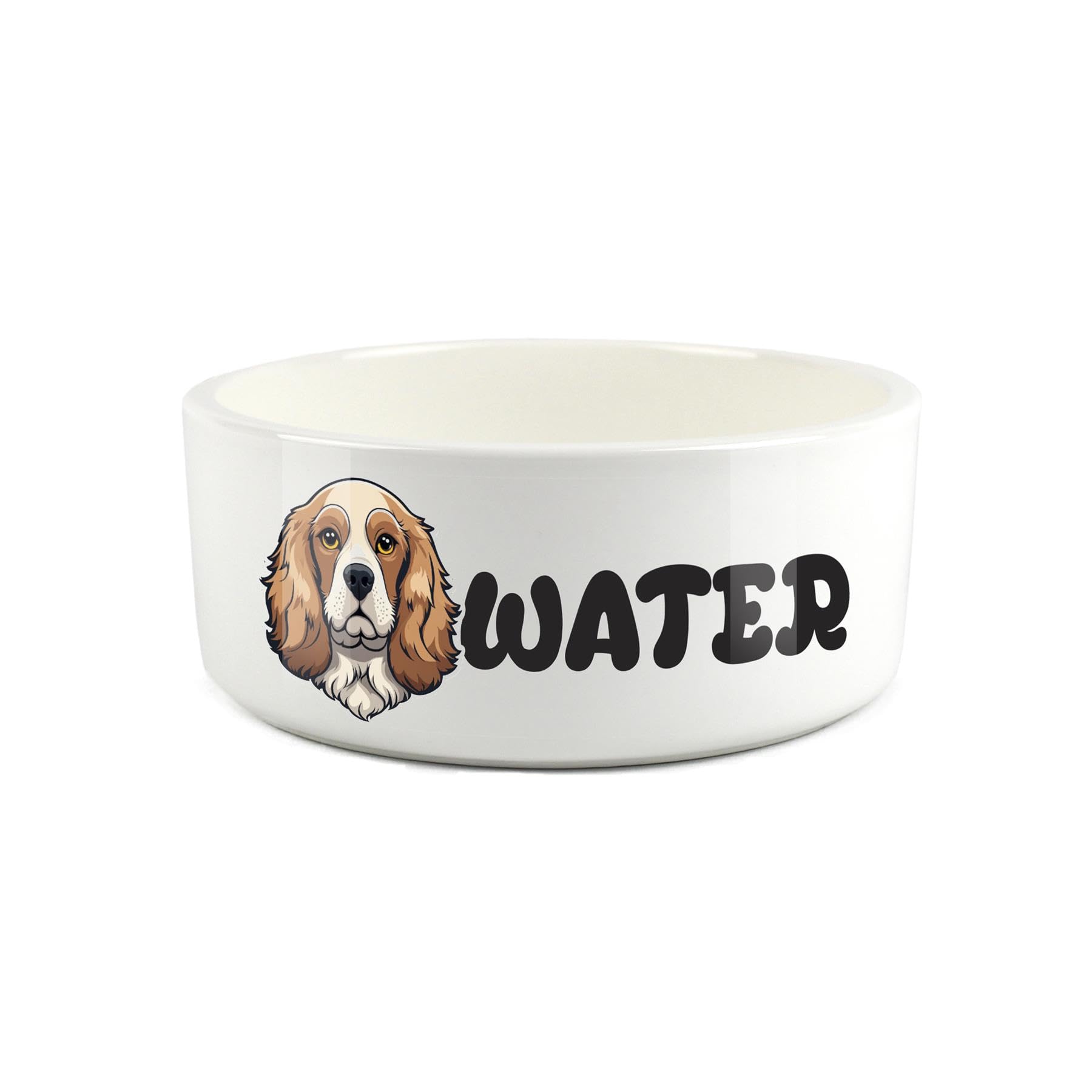Cocker Spaniel Pet Bowl - Cartoon Dog Portrait Large Ceramic Water Bowl - Novelty White Water Dish For Dogs