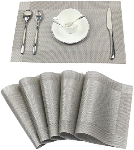 Placemats,VICTING Heat-Resistant Placemats Stain Resistant Anti-skid Washable PVC Table Mats(6Pcs,Silver)