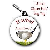 Golf zipper pull (two) 1.5 inch bag tag charms personalized with name and city/state or club name