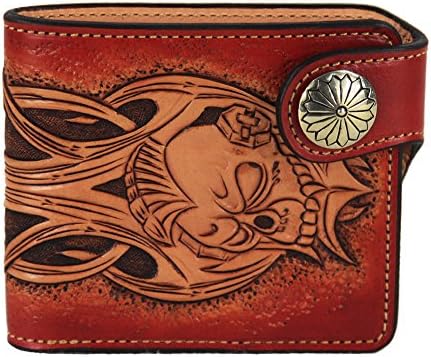 LengRen Senior Handmade Short Folding Wallet Carved with Skeleton Pattern Genuine Italian Full Grain Leather with Vegetable Tanning Technology Personal Design of Snap-fastener, Coffee
