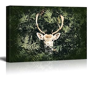 Canvas Print Landscape Wall Art - Deer Among Thick Leaves - Gallery Wrap Modern Home Art | Ready to Hang -12x18 inches