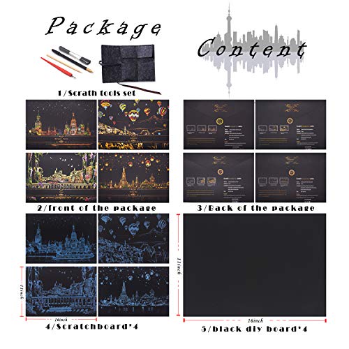 Rainbow Scratch Painting Paper By BOTEEN,City Series Night Scene,Scratch Painting Creative Gift,Scratchboard for Adult and Kids,with 4 Tools,Size:16''x11''ï¼ˆ4 Packï¼‰
