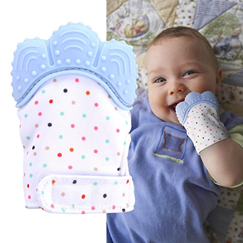 Teething Mitten, Petforu 2pcs Baby Self-soothing Teether Crawling Protective Gloves for Toddlers FDA Approved BPA Free (Blue)