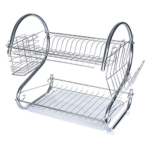 Stainless Steel 2-Tier Drying Dish Rack,Kitchen Multifunctional Durable Rust-resistance Dish Drainer with Chopstick Cup Holder and Water Catcher for Dishes Plates Cups Bowls (Shipped From US) (Silver) - Thumbnail 6