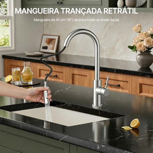 Torneira de Cozinha com Pulverizador Retrátil, Torneira de Pia de Cozinha de Alavanca Única em Níquel Escovado com Arco Alto, Aço inoxidável, Rotação de 360°, Torneiras para Pias de Cozinha