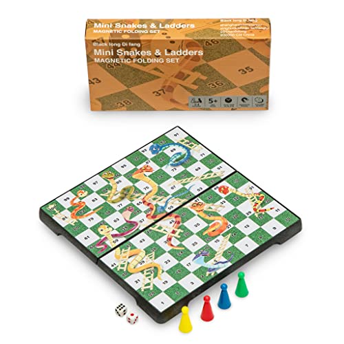 Black long Di fang Mini Folding Magnetic Snakes and Ladders Board Game Set - 6.5 Inches - Portable, Folding & Travel Perfect Board Game Set