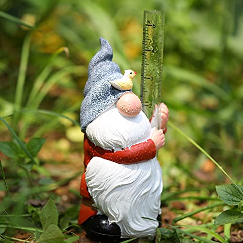 WXCTEAM Rain Gauges Gnome Garden Statue Decoration with Two Glass Rain Gauge Replacement Tube, Hand Painted Resin Gnome Sculpture Water Gauge for Yard Fence Patio Lawn Deck