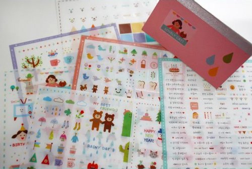 ONOR-Tech 7 Sheets Lovely Korea Decorative Adhesive Sticker Tape / Kids Craft Scrapbooking Sticker Set for Diary, Album, Iphone