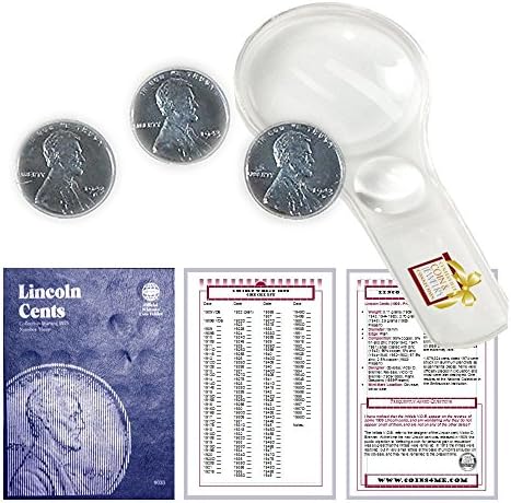 Lincoln Wheat Penny Starter Collection Kit, Part Two, Whitman [9030] Lincoln Cent Folder Vol. 2, 1943 Steel Cent P-D-S Mint Set, Magnifier and Checklist, (4 Items) Great Start for Beginner Collectors