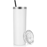 VEGOND Stainless Steel Skinny Tumbler, 20 oz Vacuum Insulated Tumbler with Lid and Straw, Double Wall Coffee Cup, Travel Mug for Cold Hot Drinks, White 1 Pack