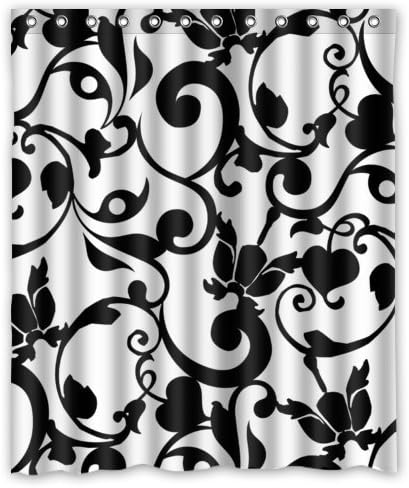 Waterproof Bathroom Fabric Shower Curtain Black And White Damask