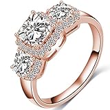 FENDINA Womens Wedding Engagement Rings Triple CZ Crystal Promise Rings for Her - 18K Rose Gold Plated & Created Emerald Cut Stone