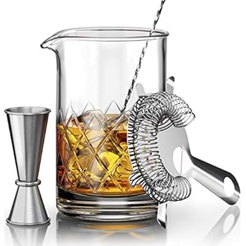 Crystal Cocktail Mixing Glass Set - Includes Mixing Spoon, Strainer, Jigger and 18oz 550ml Cocktail Glass - Sturdy, Thick Base - Perfect for Amateurs & Pros - Great Gift