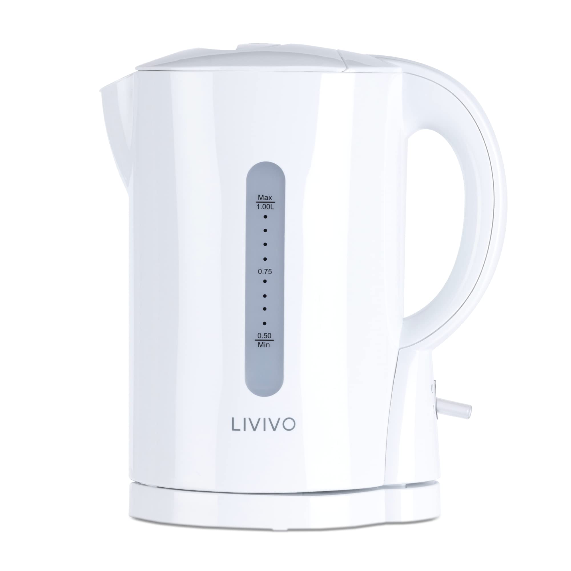 LIVIVO 1L Cordless 900W Kettle Compact for Travel, Guest Room, Office Makes 4 Cups of tea & coffee - Boil Protection & Auto Shut off [Energy Class A+] (White)
