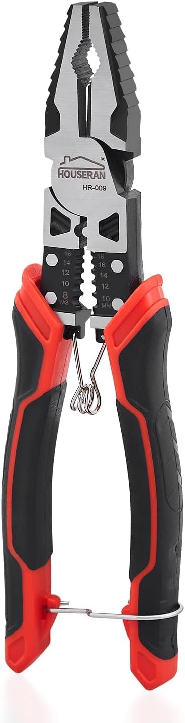 HOUSERAN Lineman Pliers 8.3 Inch 5-in-1 Wire Cutter Crimp Stripper Spring Lock