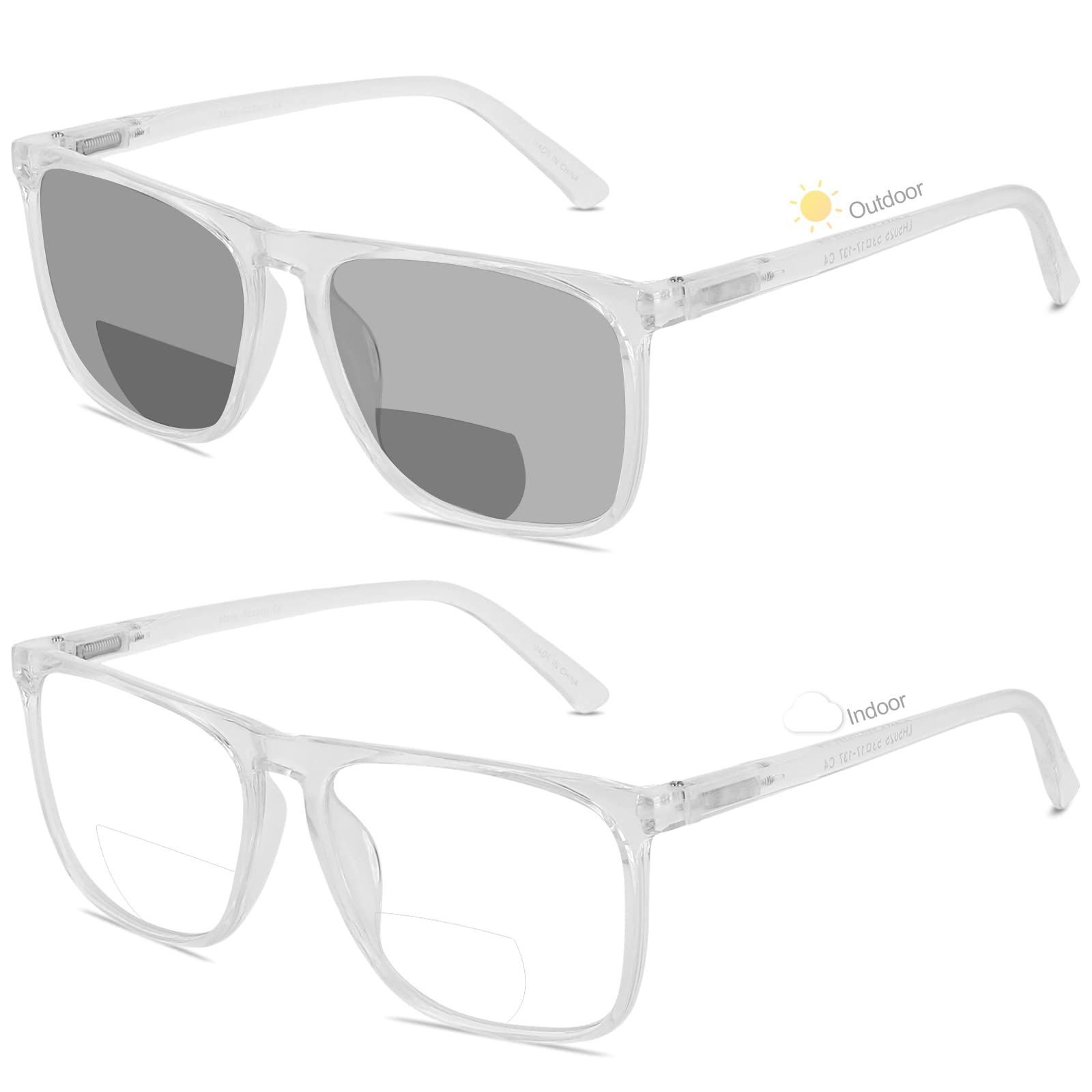 Photo 1 of MARE AZZURO Photochromic Bifocal Reading Glasses Men Blue Light Blocking Oversized Square Readers Sunglasses 100 150 200 250 300 350 400 (Transparent, 1.50)