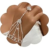 JWICOS Rhinestone Bracelet with Slave Finger Ring Hand Chain Bracelet Ring Rhinestone Tassel Hand Chain for Women and Bride (Style 11)