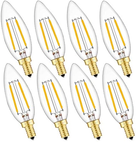 OMAYKEY LED Candelabra Bulb 2W Warm White 2700K, E12 Candle Base 25W Equivalent 250 Lumens, Dimmable C32 Clear LED Chandelier Light Bulbs, Pack of 8