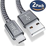 JS Nylon Braided 56kΩ USB-C to USB-A Cable with Cable Ties, 6.6-Feet, Grey, Pack of 2