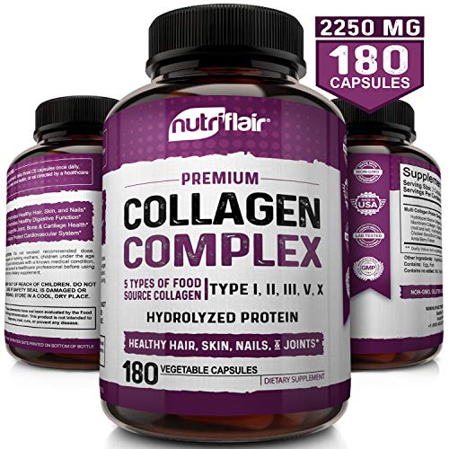 Multi Collagen Pills 2250mg 180 Capsules, Type I, II, III, V, X