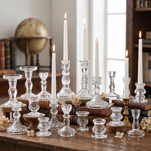 Mumufy 20 Pcs Glass Taper Candle Holders Assorted, Clear