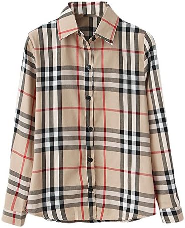 ZKCostume Women's Lapel Collar Checked Blouse Button Down Shirt, Beige, S