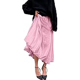 SOMTHRON Women's Bubble Satin Maxi Skirt Low Waist Ruffle Pleated A Line Puffy Summer Flowy Balloon Skirt