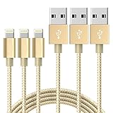 BULESK iPod - Gold Cable 6' Nylon Braided Lightning to USB Charger Cord for iPhone 7 Plus/6S/6/Se/5S/5C/5, iPad 2/3/4/Mini Air Pro/iPod - Gold - 3 Piece