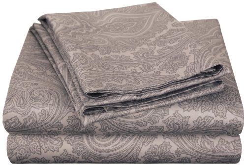 Superior600 Thread Count Cotton Blend Bed Sheet Set, Italian Paisley Design, Includes 1 Fully Elastic Deep Pocket Fitted Sheet, 1 Flat Sheet, 2 Pillowcases, Sateen Weave, Queen, Dark Grey