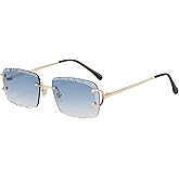 FLJMRAVER Retro Rimless Rectangle Sunglasses for Men Women Luxury Frameless Square Trendy Shade Diamond Cutting Eyewear