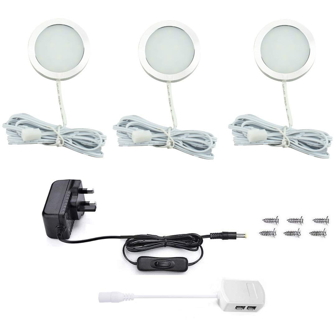 Vlio Under Cabinet Light Kit, Set of 3, LED Puck Lights, 7.5W, 750LM, Cool White, Display Cabinet Lighting, Disc Light for Kitchen, Closet, Counter, Cupboard, Shelf, Wardrobe and More