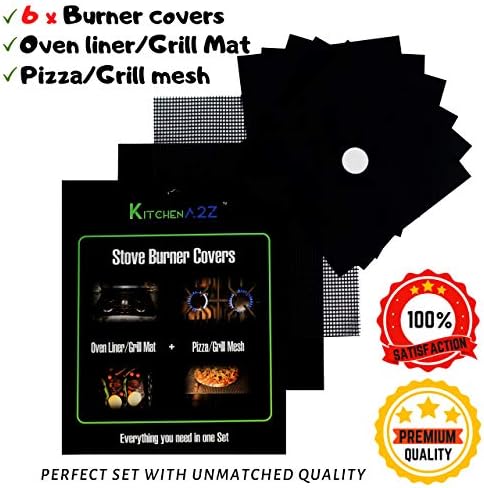 KitchenA2Z Stove Set / 6x Gas Burner Covers 0.3mm / Oven Liner (Grill Mat) / Baking Mesh Premium Protector Triple Thick Nonstick Reusable Dishwasher Safe Size Adjustable