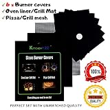 KitchenA2Z Stove Set / 6x Gas Burner Covers 0.3mm / Oven Liner ( Grill Mat ) / Baking Mesh / Premium Protector Triple Thick Nonstick Reusable Dishwasher Safe Size Adjustable FDA Approved