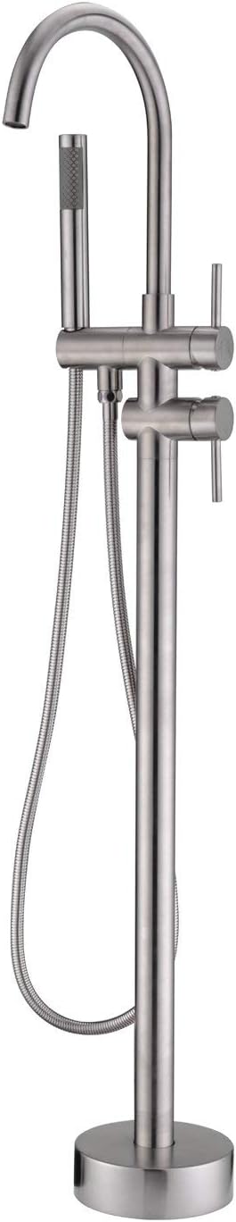 JiaYouJia High-Arc Spout Freestanding Bathtub Faucet with Handheld Shower in Brushed Nickel Modern Floor-Mount Tub Filler Faucet for Bathroom