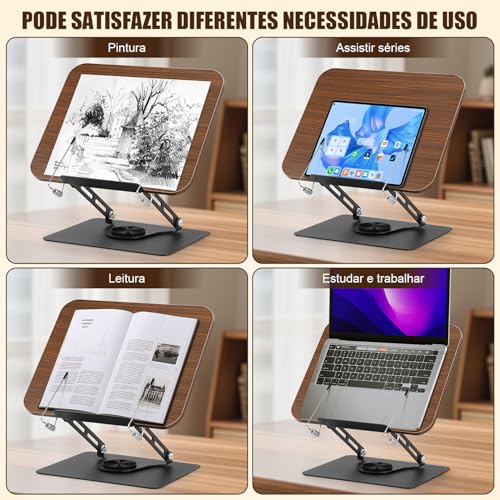 360° Suporte de Livro para Leitura com Base GiratóRia, Suporte para Livros Leitura, Apoio de Leitura, Apoio de Leitura Livro, Designs Dobráveis e Clipes Elásticos, Estante de Leitura