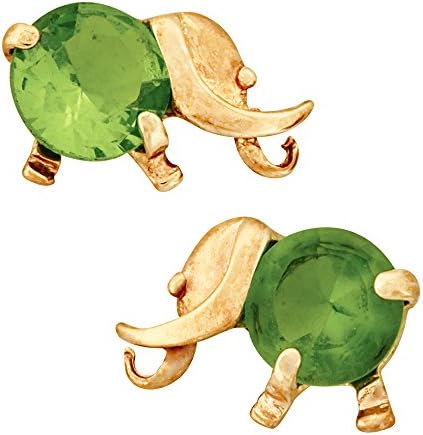 14K Yellow Gold CZ Birthstone Elephant Stud Kids Earrings With Safety Screw Backs (August-Peridot)