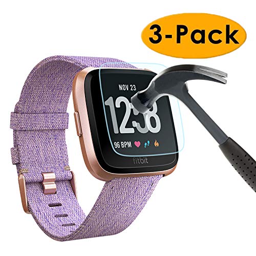 EXC Compatible Fitbit Versa Screen Protector [3 Pack] Tempered Glass Screen Protector for Fitbit Versa Lite Edition Smartwatch No Bubbling Waterproof Hardness Full Rounded Edge Coverage Screen Covers
