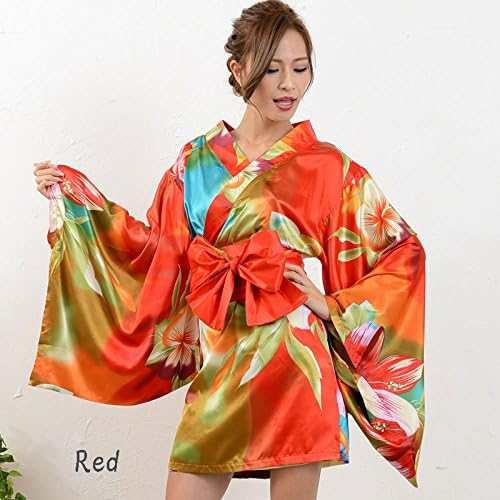 Amazon Co Jp 着物ドレス 花魁 コスプレ衣装 浴衣 祭り ダンス衣装 グラデーションフラワープリントサテン着物ドレス レッド 服 ファッション小物