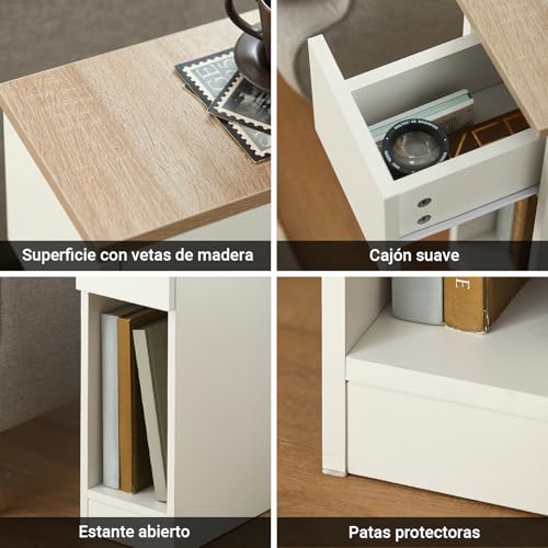 SoBuy Set of 2 Bedside Tables, Modern Nightstand with Drawer, Slim Side Table for Bedroom and Living Room, Compact Small End Table with Storage, White & Natural, FBT111-WNx2