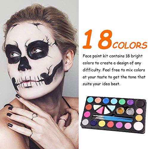 Miserwe Safe Non-Toxic Face Painting Kit-18 Colors,40 Stencils,1 Silver Sticker,2 Glitter Powder,4 Brushes, 4 Sponge Kit Professional Washable Body & Face Painting Kits for Kids Adult