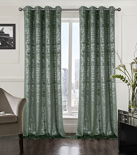 always4u 100% Blickdichte Gardinen, Samtvorhang mit Silberdruck für Wohnzimmer Schlafzimmer Balkon,Wärmeisolierende Verdunklungsvorhänge mit Ösen, Glänzend Elegant, Salbeigrün 2er Set 140x245cm