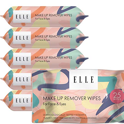 ELLE MAKEUP REMOVER WIPES, FACE AND EYES, 25CT, 6 PACKS, TOTAL 150 WIPES