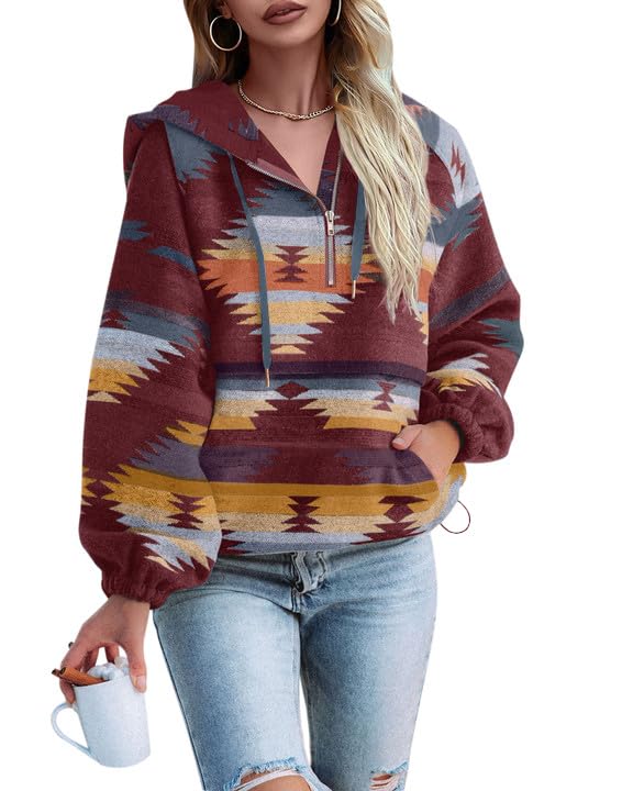 Photo 1 of L---Fessceruna Womens Aztec Half Zip Up Hoodies Sweatshirt Casual Long Sleeve Oversized Ethnic Tribal Hooded Pullover Shirt Top