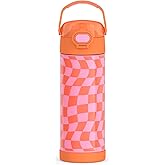 THERMOS FUNTAINER 16 Ounce Stainless Steel Vacuum Insulated Bottle with Wide Spout Lid, Wavy Checkers Orange