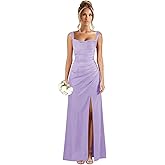 Qbnme Satin Bridesmaid Dresses for Women Long Mermaid Cowl Neck Formal Wedding Guest Dresses with Slit
