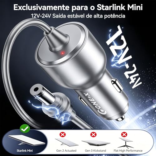 Carregador Veicular para Starlink Mini, Adaptador DC Impermeável 12V-24V com Cabo 3M e Saída 5.5mm, Mantém a Internet Estável Durante Viagens – Tomada 12V Ignição para Carro, Caminhonete, Camping, RV