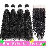 XYHair 4 Bundles Virgin Brazilian Human kinky Curly with Lace Closure Hair Weave 7A 100% Unprocessed Jerry curly hair bundles deep curly weft Extensions Natural Color(16161818+14)