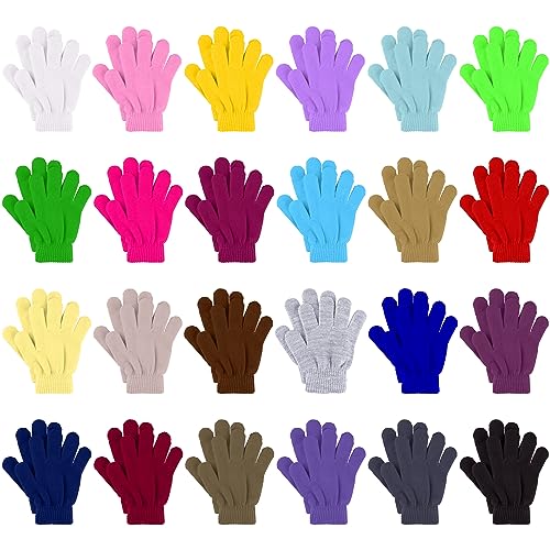Glooarm 24 Pairs Kids Winter Gloves Warm Stretchy Knitted Full Finger Gloves Bulk for Boys Girls 1-14 Years