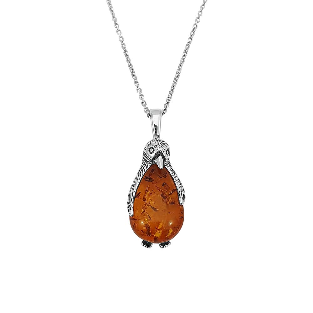Kiara Jewellery Sealife 925 Sterling Silver Penguin Pendant Necklace Inlaid With Brown Baltic Amber on 18" Sterling Silver Trace Or Curb Chain.