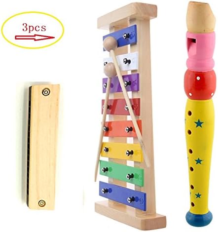 Laifaer Wooden Xylophone Kids Musical Instrument with 2 Child-Safe Wooden Mallets, 1 Flute (multicolo)and 1 Harmonica Best Perfectly Sized Musical Toy for Toddlers With Clear Sounding Metal Keys